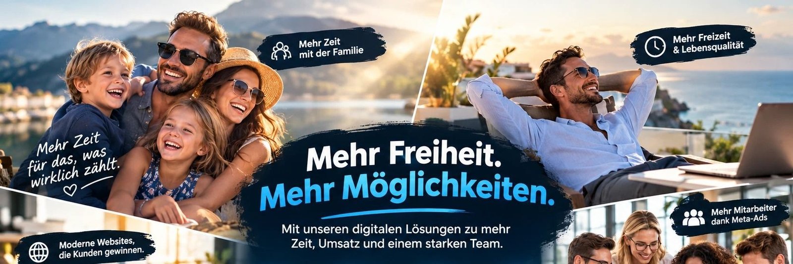 Illustration: Familie im Urlaub, ein entspannter Unternehmer und der Schriftzug „Mehr Freiheit. Mehr Möglichkeiten.“